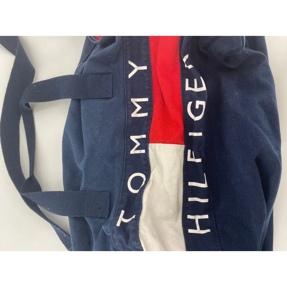 VTG Tommy Hilfiger Duffle Bag Men Blue Red Spell Out Casual Travel Gym Weekender